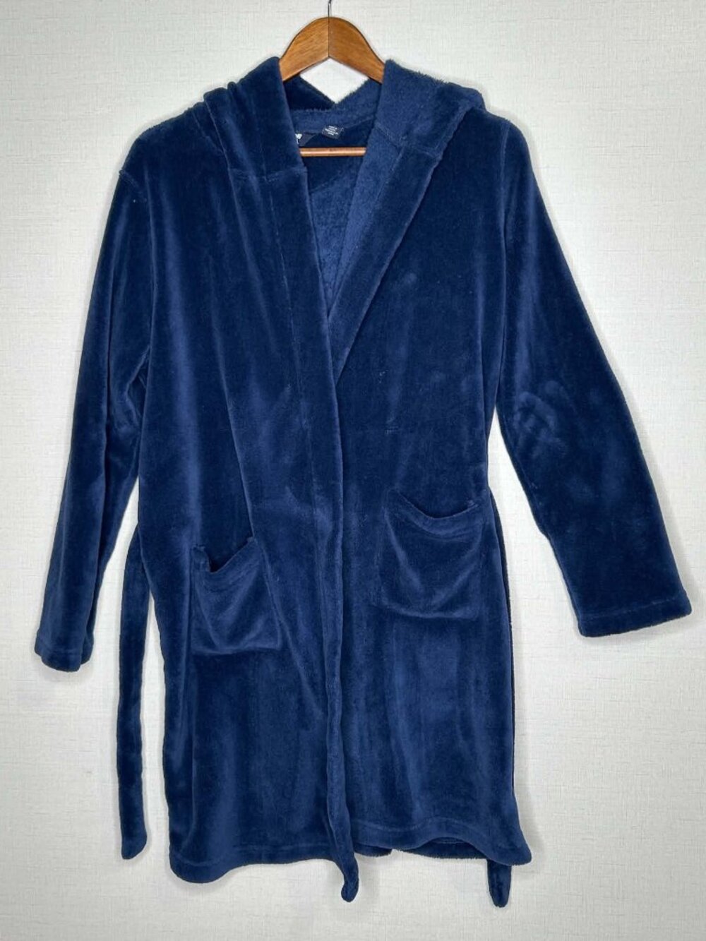 Lands' End Navy Blue Hooded Fleece Plush Robe 16